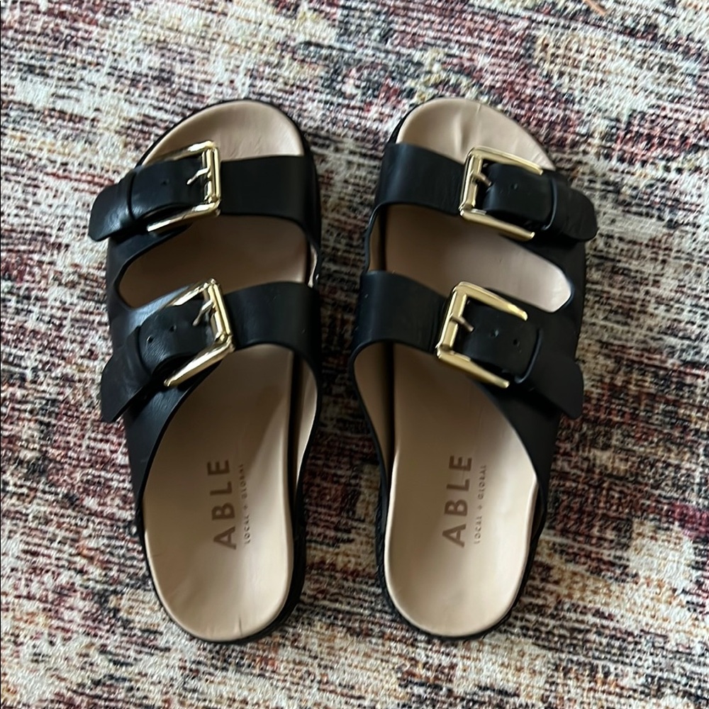 ABLE Black Sandals with Gold Buckles